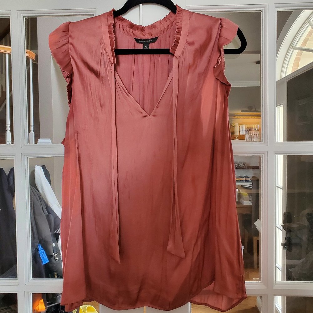 Banana Republic Ruffle Tie Neck Top Sunset Blush XL